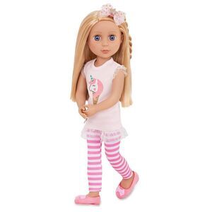 Glitter Girls Lacy 14 Inch Doll Wearing Pink Tunic, Striped Leggings, Hair Bow